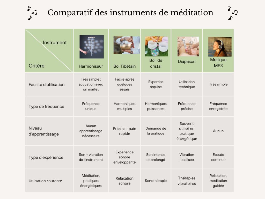 Comparatif des instruments sonores utilisés en méditation : harmoniseur, bol tibétain, bol de cristal, diapason et musique vibratoire